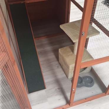 Photo of inside a small cat boarding suite.